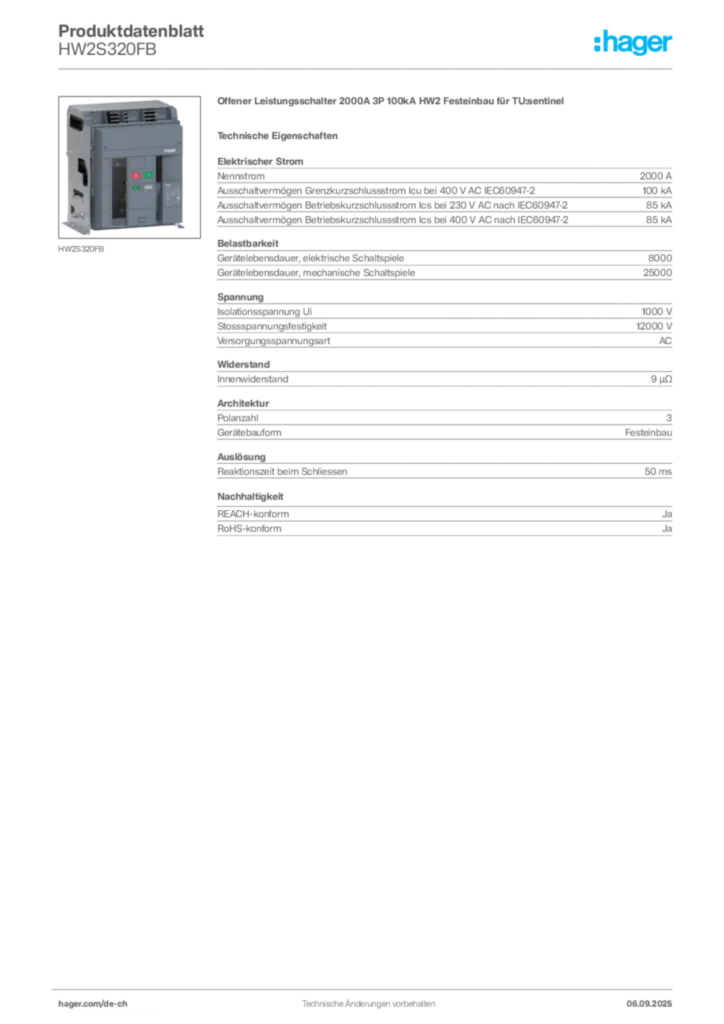 Bild Hager Produktdatenblatt HW2S320FB | Hager Schweiz