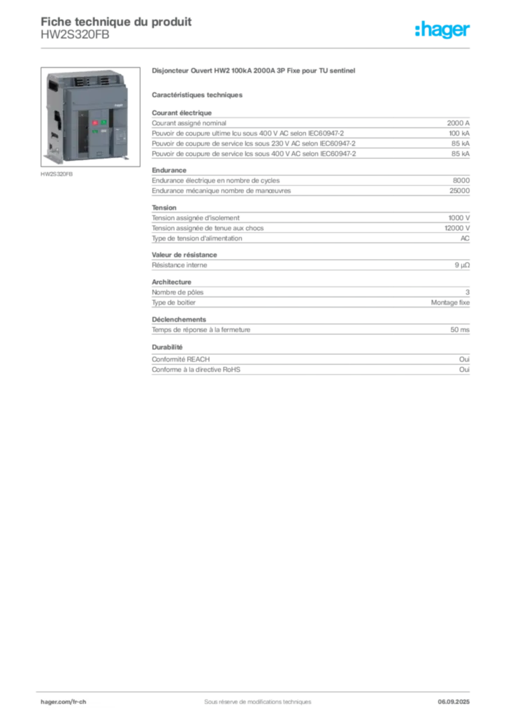Image Hager Fiche technique du produit HW2S320FB | Hager Suisse