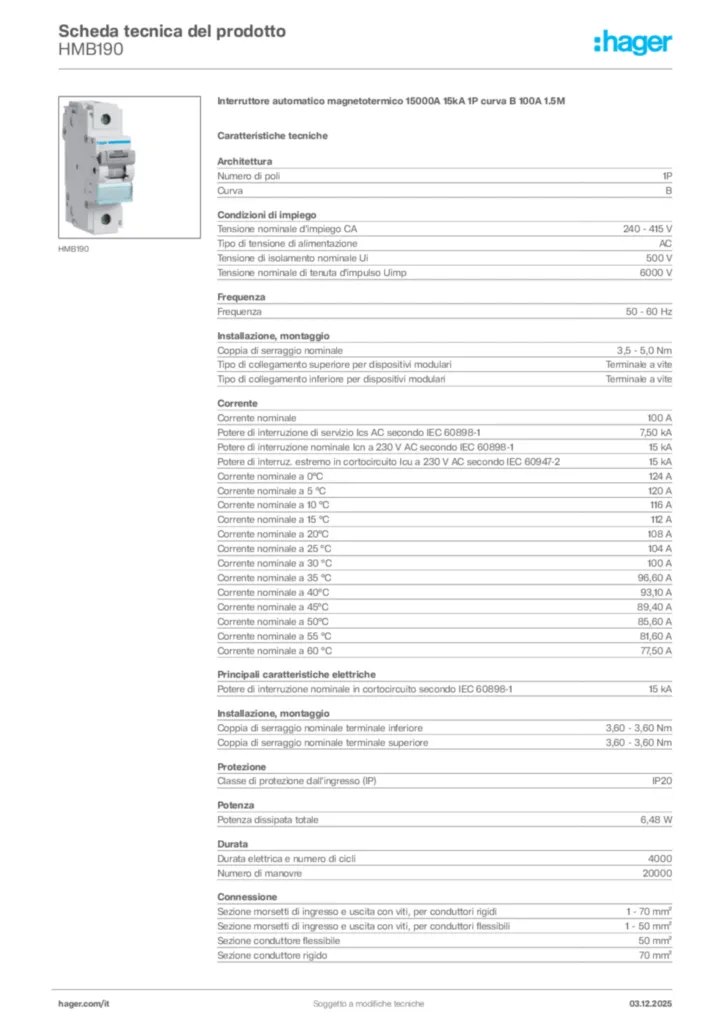 Immagine Hager Scheda tecnica del prodotto HMB190 | Hager Italia