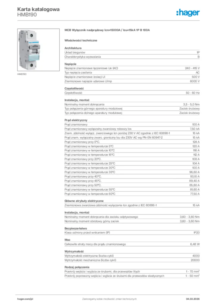 Zdjęcie Hager Karta katalogowa HMB190 | Hager Polska