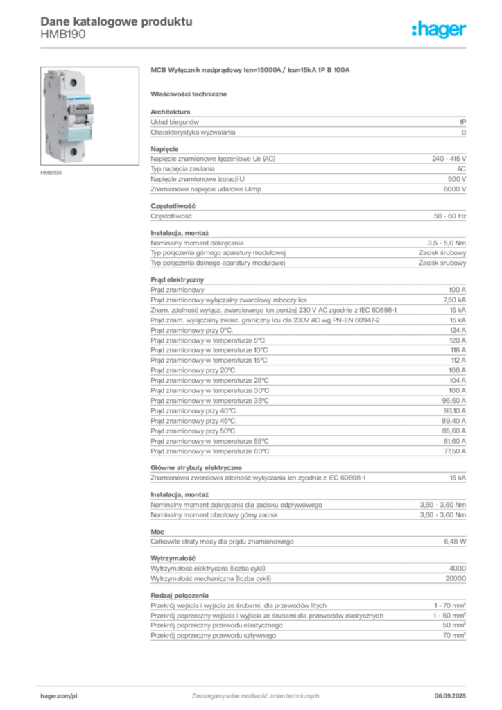 Zdjęcie Hager Dane katalogowe produktu HMB190 | Hager Polska