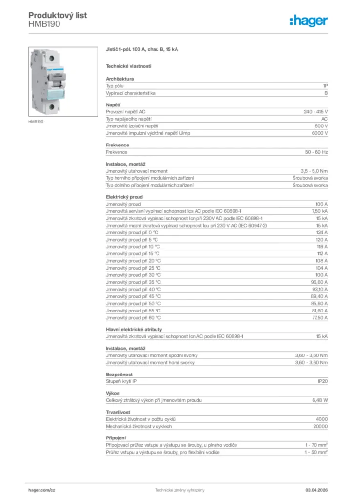 Obrázek Hager Product data sheet HMB190 | Hager