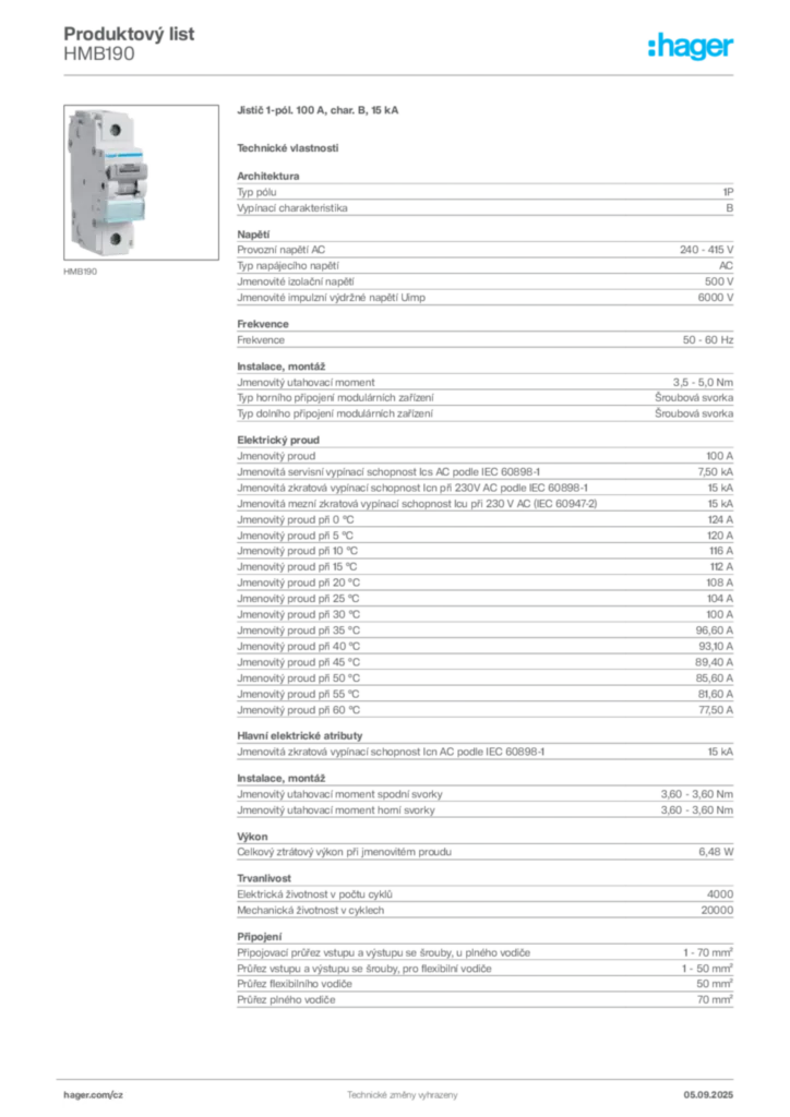 Obrázek Hager Produktový list HMB190 | Hager