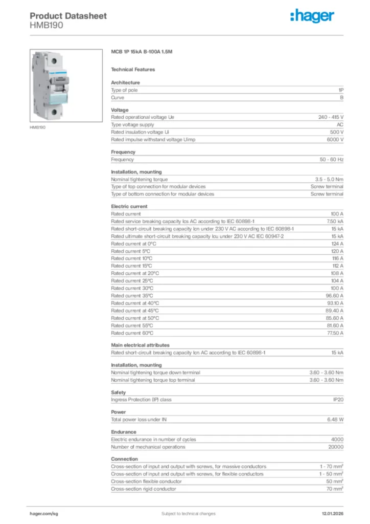 Image Hager Product data sheet HMB190  | Hager