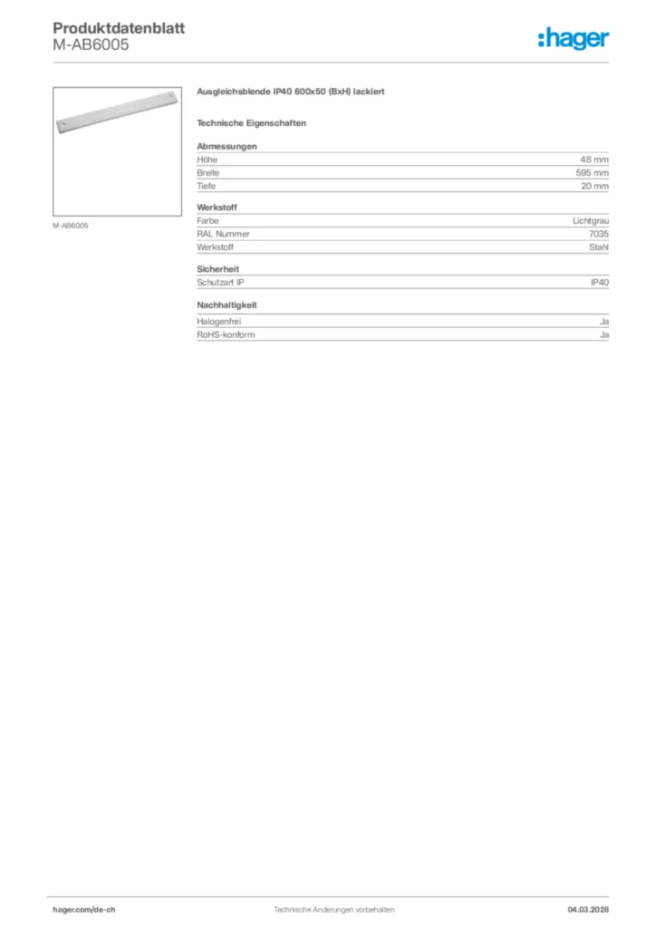 Bild Hager Produktdatenblatt M-AB6005 | Hager Schweiz