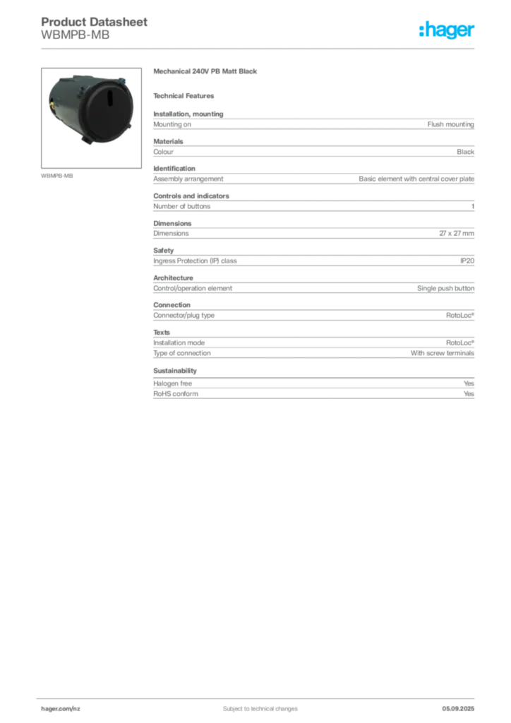 Image Hager Product data sheet WBMPB-MB  | Hager New Zealand