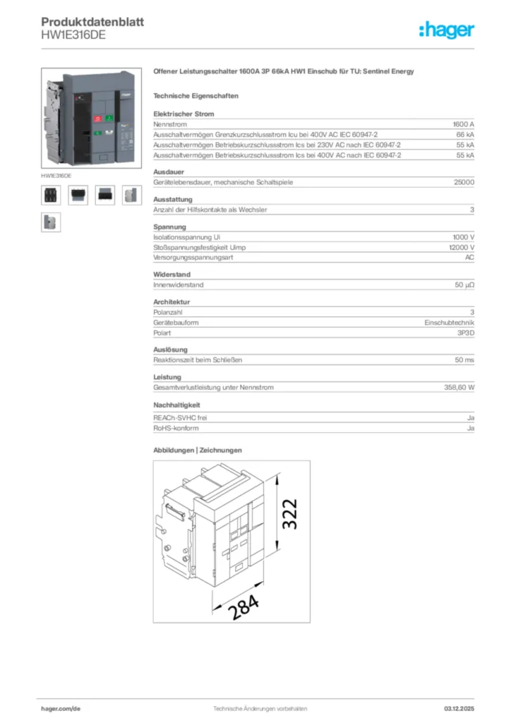 Bild Hager Produktdatenblatt HW1E316DE | Hager Deutschland