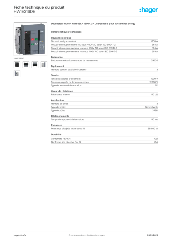 Image Hager Fiche technique du produit HW1E316DE | Hager France