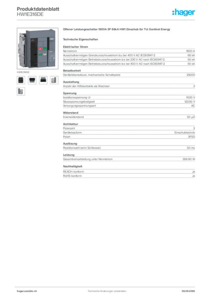 Bild Hager Produktdatenblatt HW1E316DE | Hager Schweiz