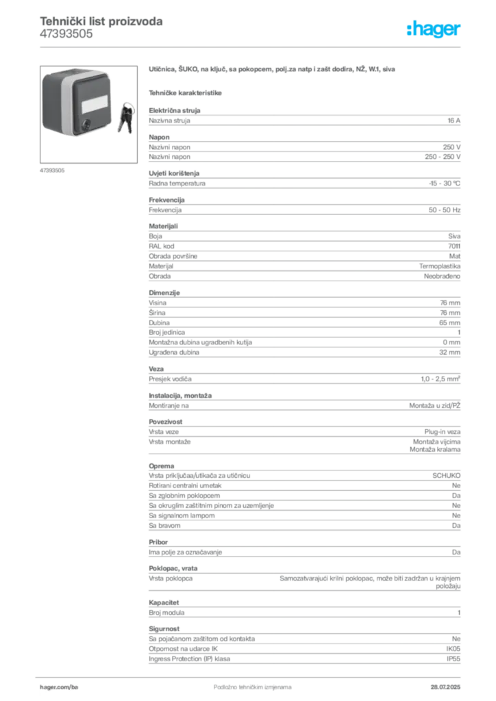 Slika Hager Product data sheet 47393505  | Hager