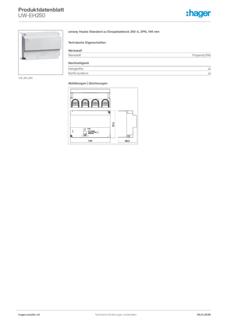 Bild Hager Produktdatenblatt UW-EH250 | Hager Schweiz