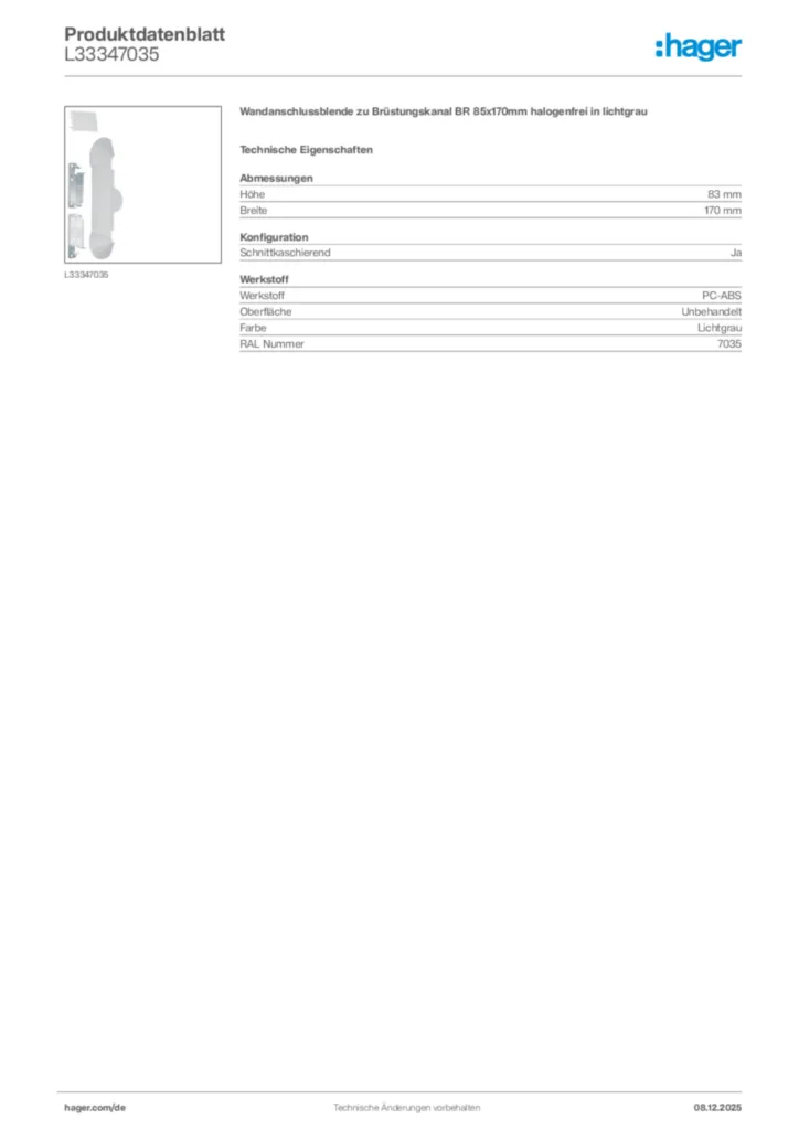 Bild Hager Produktdatenblatt L33347035 | Hager Deutschland