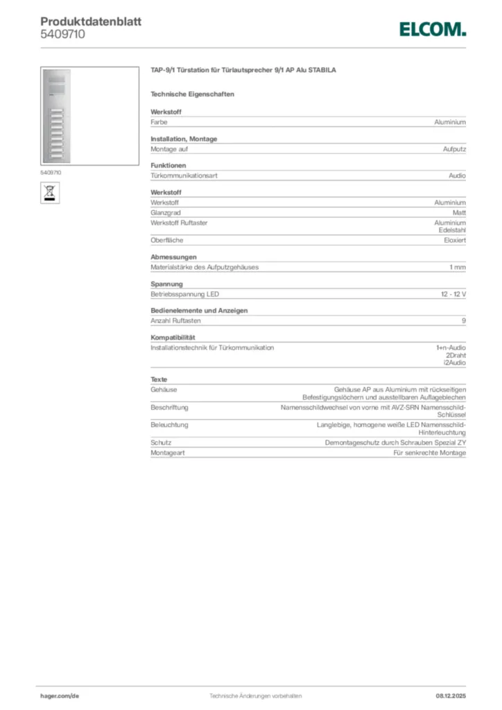 Bild Elcom Produktdatenblatt 5409710 | Hager Deutschland