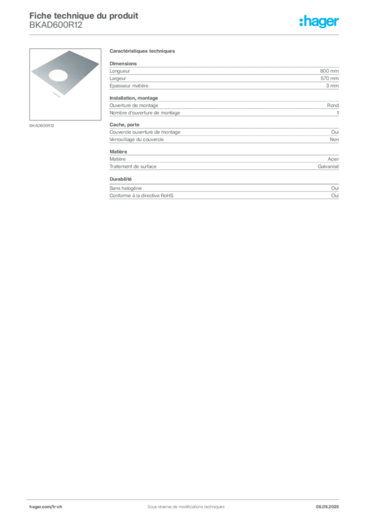 Image Hager Fiche technique du produit BKAD600R12 | Hager Suisse