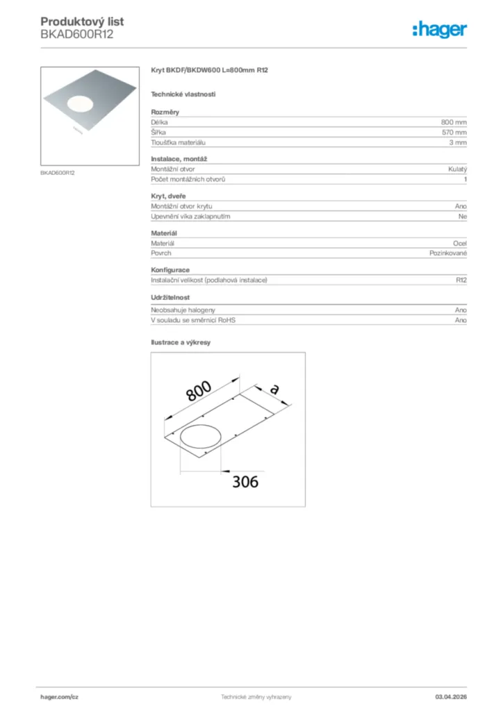 Obrázek Hager Product data sheet BKAD600R12 | Hager