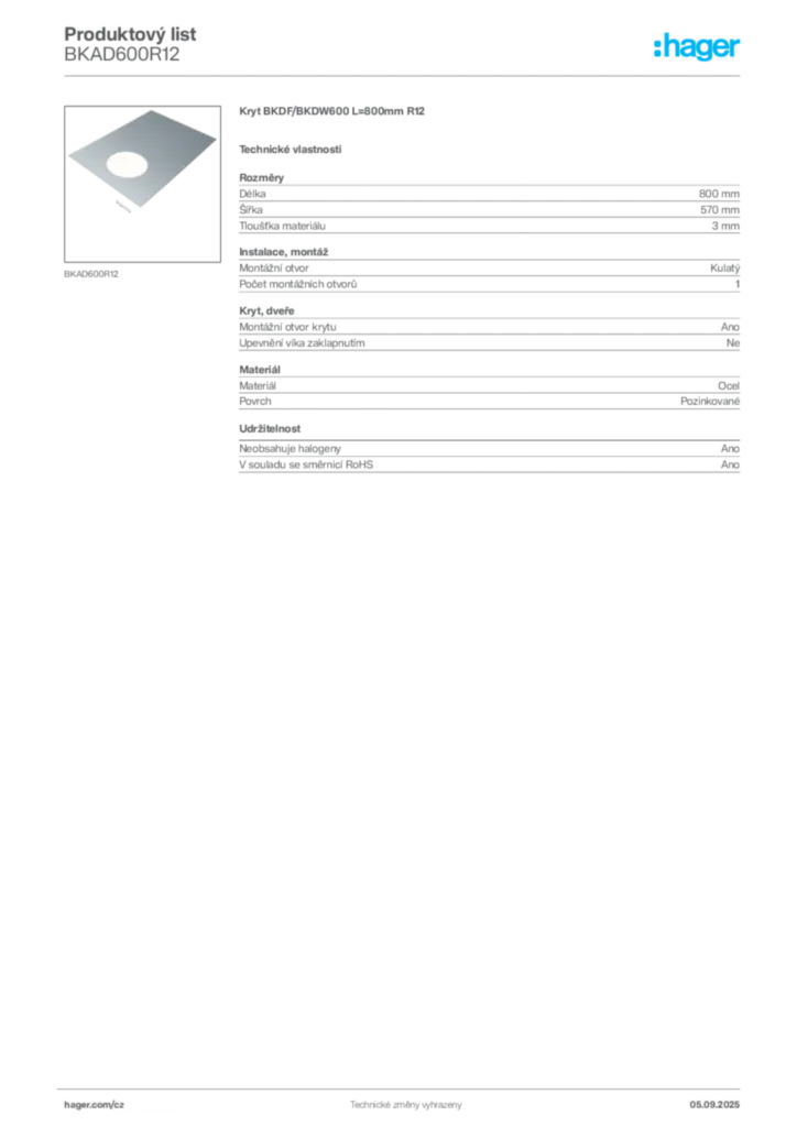 Obrázek Hager Produktový list BKAD600R12 | Hager