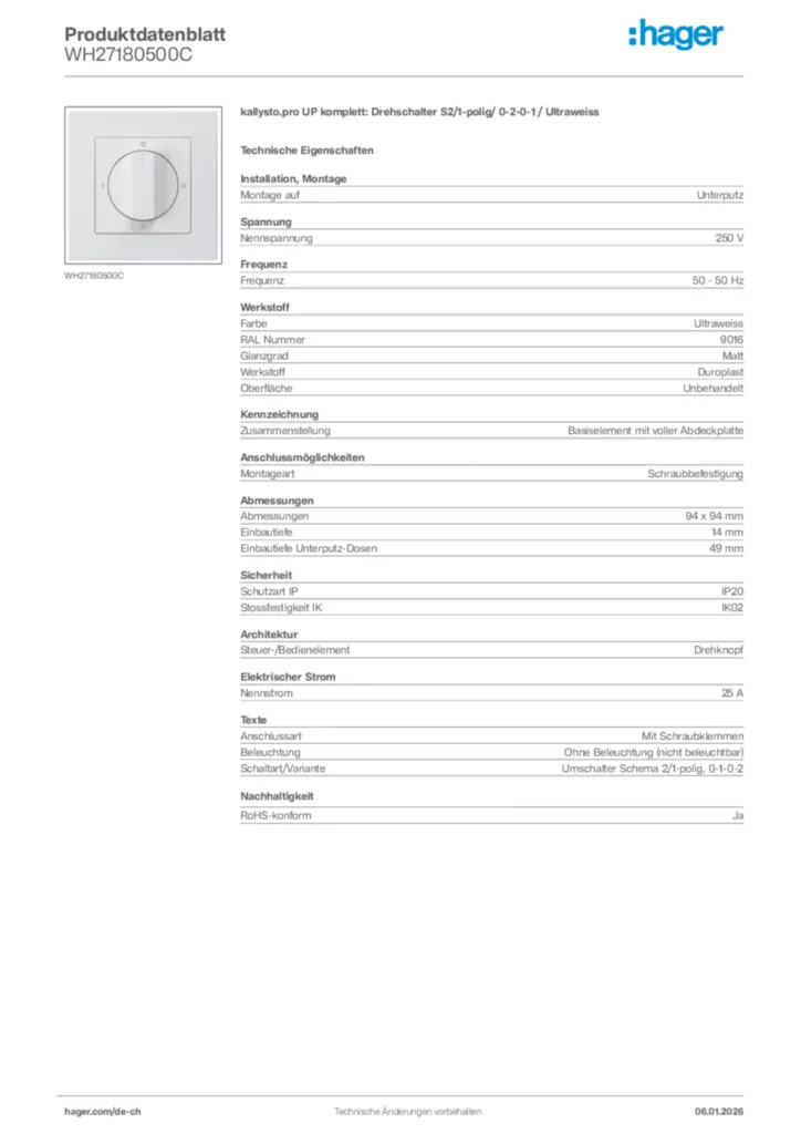 Bild Hager Produktdatenblatt WH27180500C | Hager Schweiz
