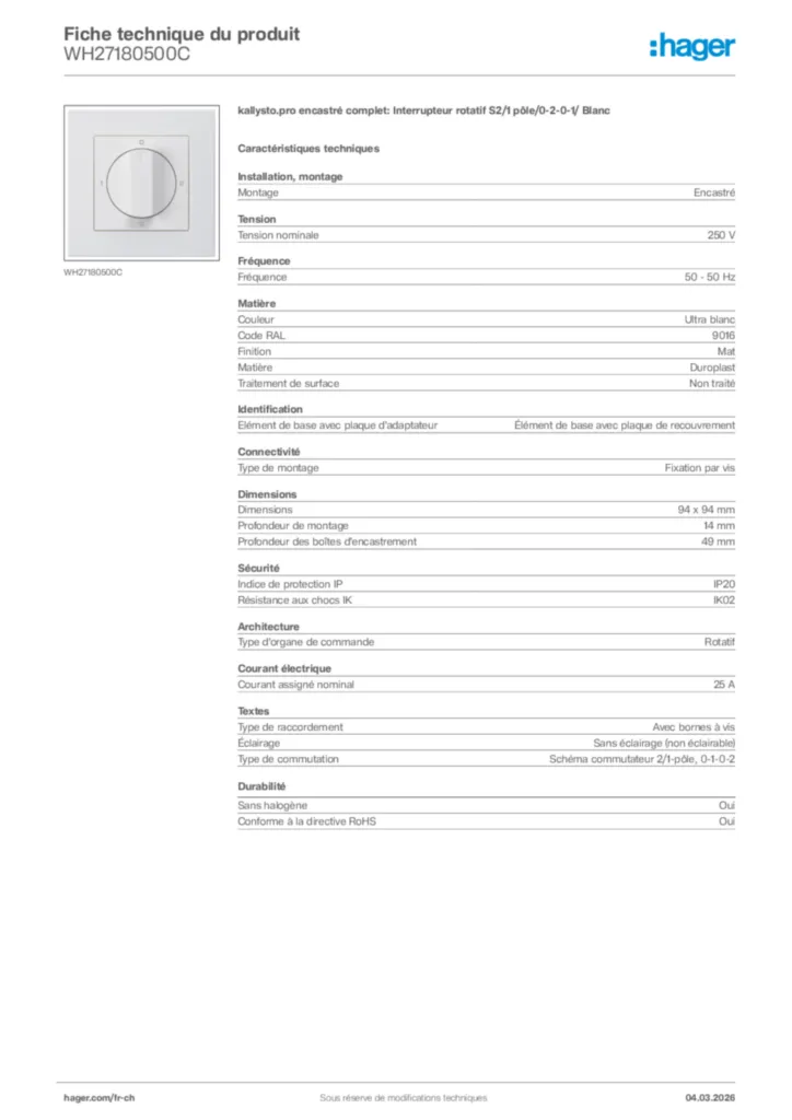Image Hager Fiche technique du produit WH27180500C | Hager Suisse