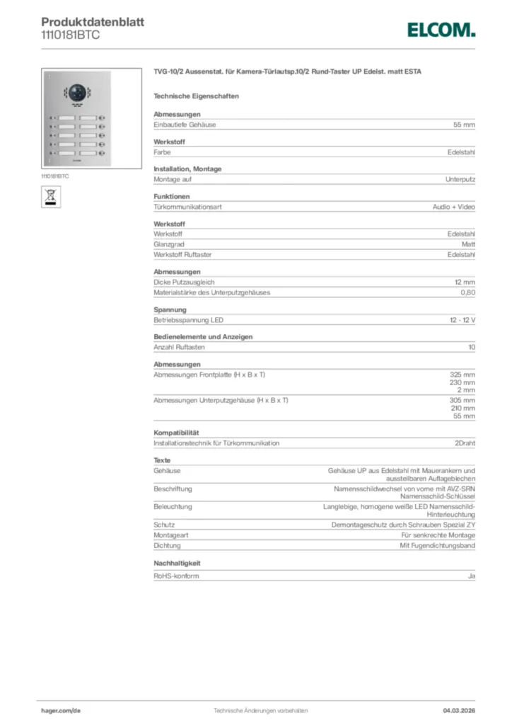 Bild Elcom Produktdatenblatt 1110181BTC | Hager Deutschland