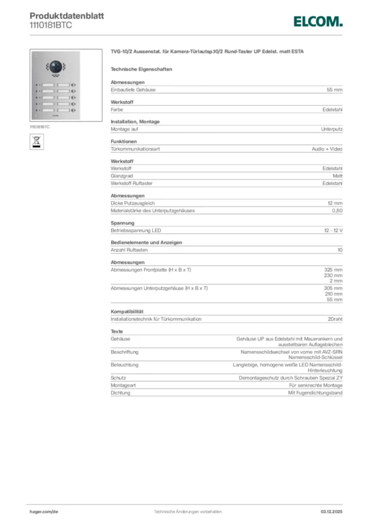 Bild Elcom Produktdatenblatt 1110181BTC | Hager Deutschland