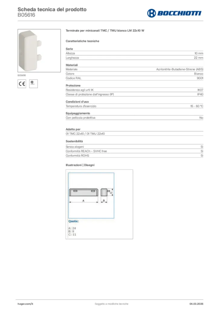 Immagine Bocchiotti Scheda tecnica del prodotto B05616 | Hager Italia