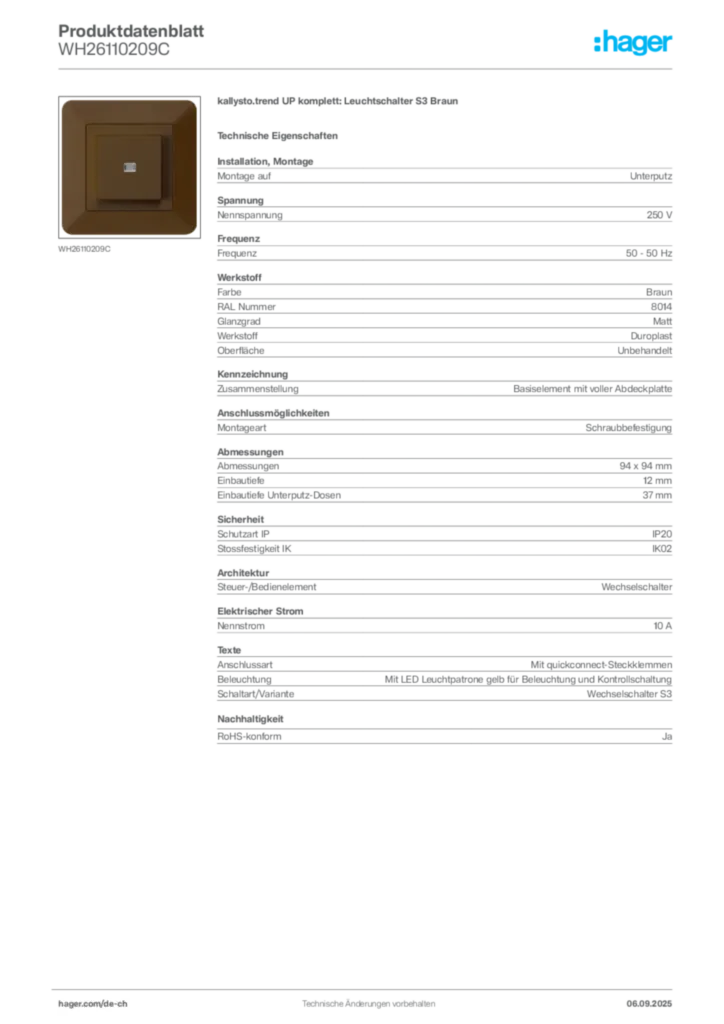 Bild Hager Produktdatenblatt WH26110209C | Hager Schweiz