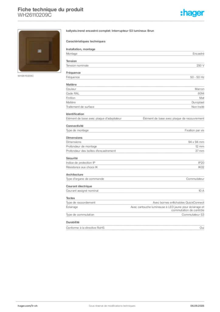 Image Hager Fiche technique du produit WH26110209C | Hager Suisse
