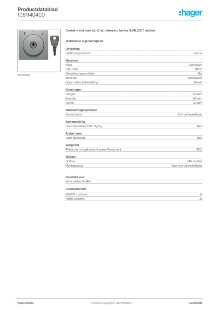 Afbeelding Hager Productdatablad 1081140400 | Hager Nederland