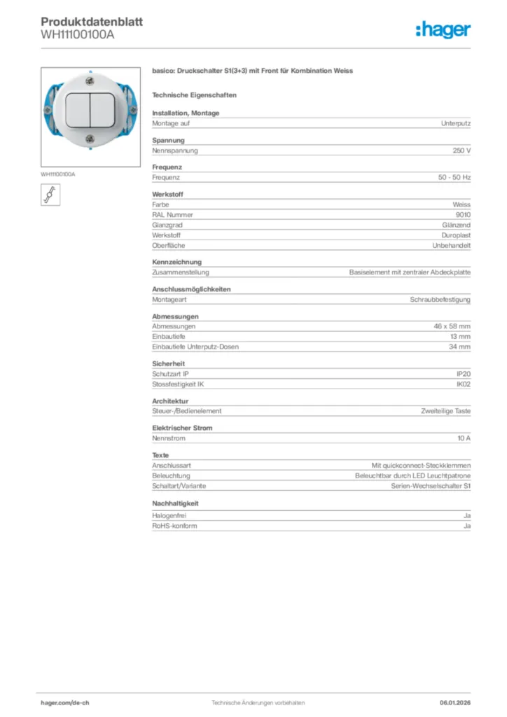 Bild Hager Produktdatenblatt WH11100100A | Hager Schweiz