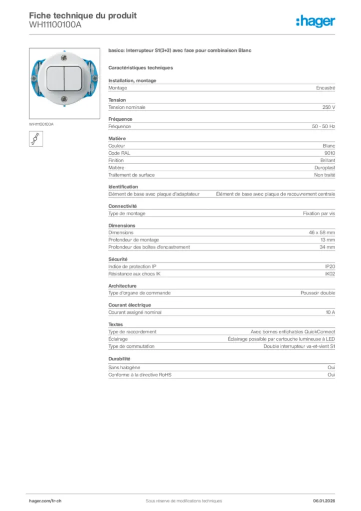 Image Hager Fiche technique du produit WH11100100A | Hager Suisse