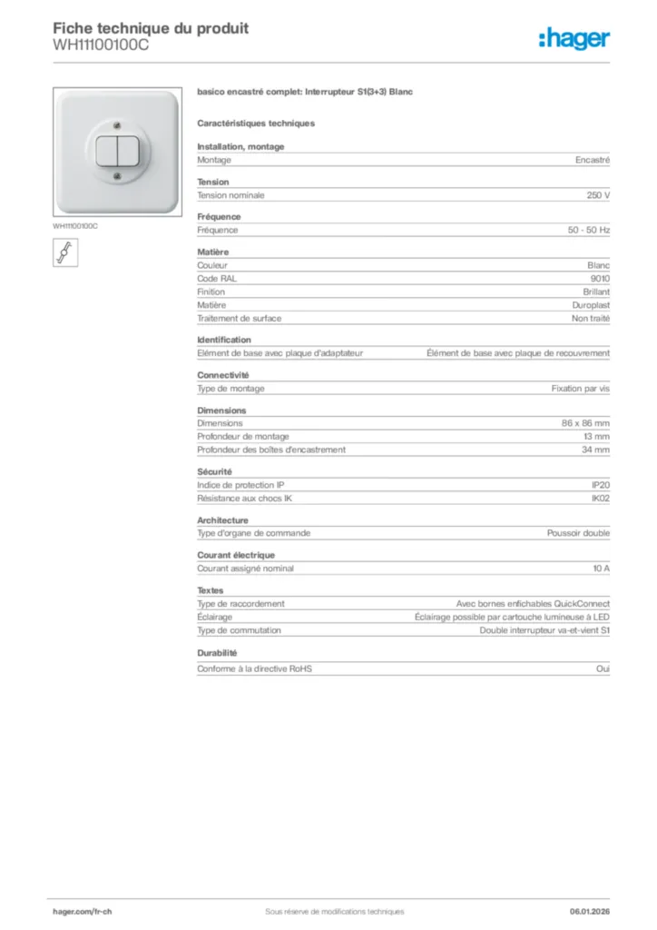 Image Hager Fiche technique du produit WH11100100C | Hager Suisse