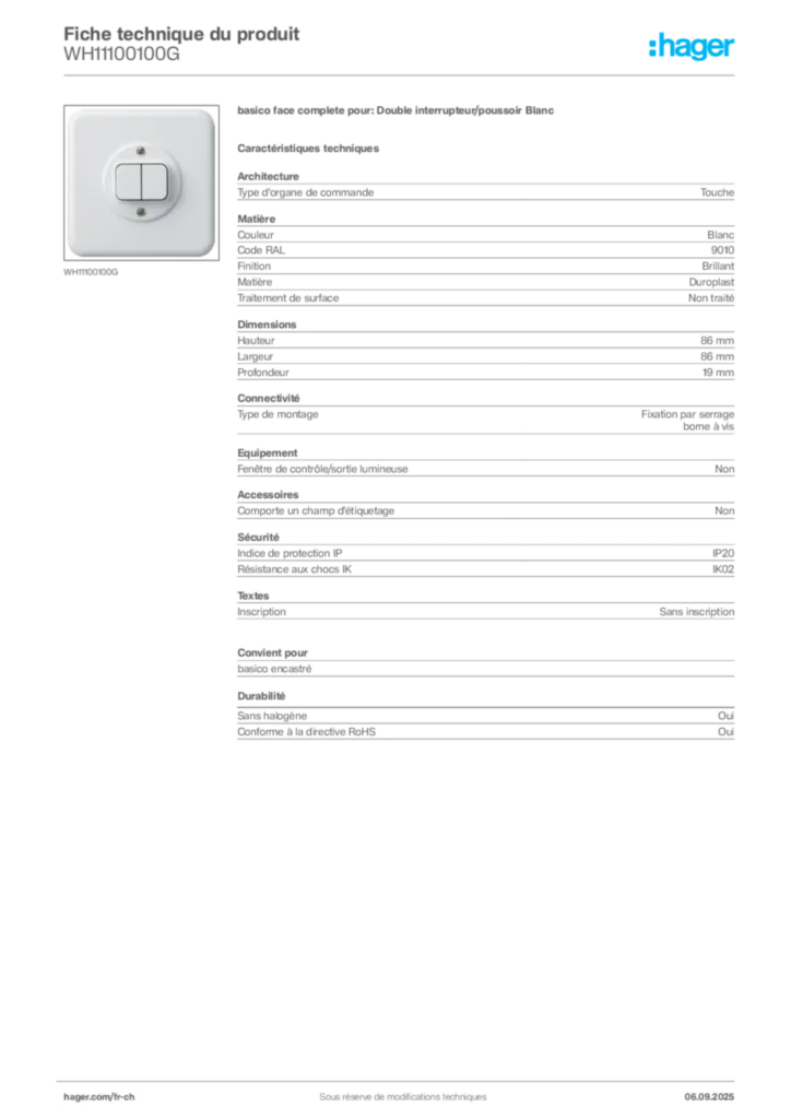Image Hager Fiche technique du produit WH11100100G | Hager Suisse
