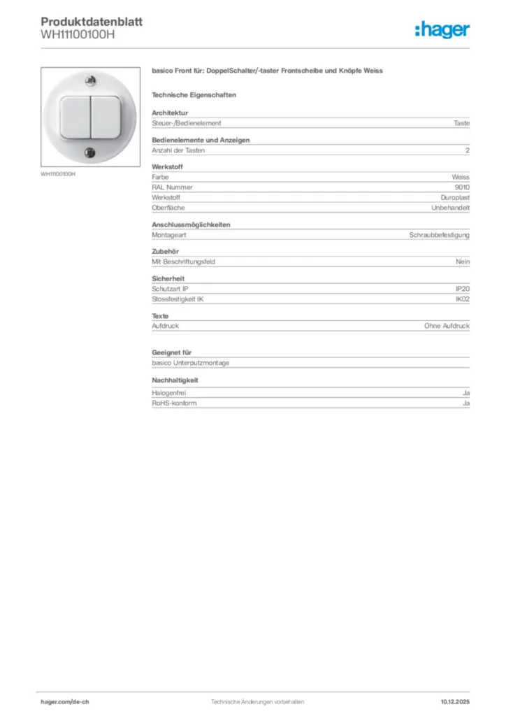Bild Hager Produktdatenblatt WH11100100H | Hager Schweiz