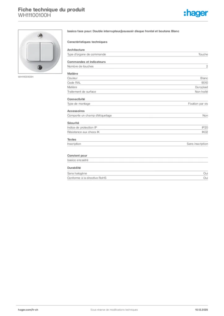 Image Hager Fiche technique du produit WH11100100H | Hager Suisse