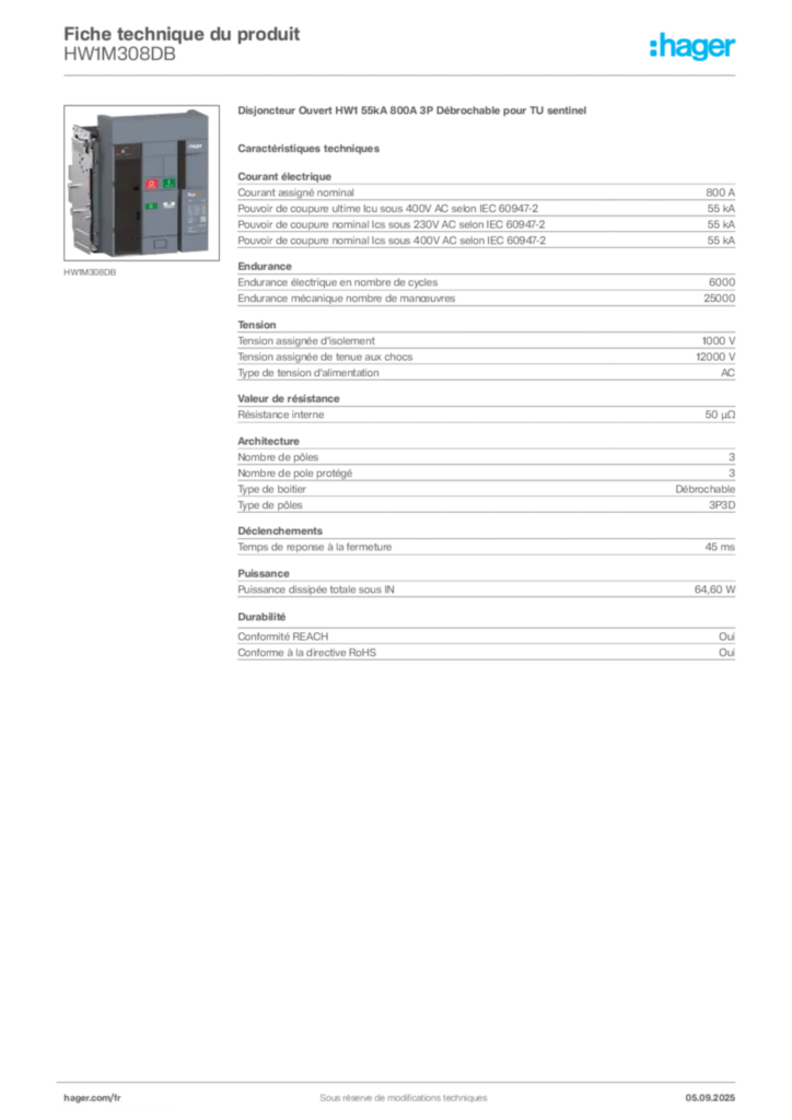 Image Hager Fiche technique du produit HW1M308DB | Hager France