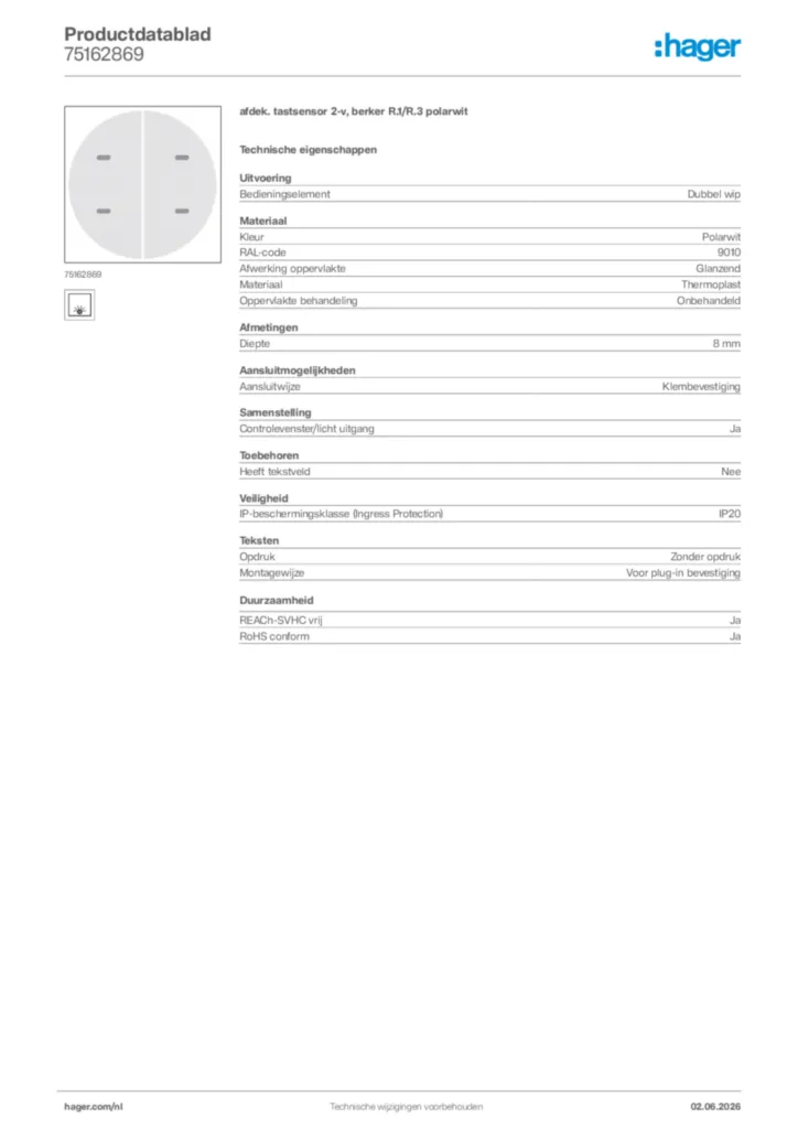 Afbeelding Hager Productdatablad 75162869 | Hager Nederland