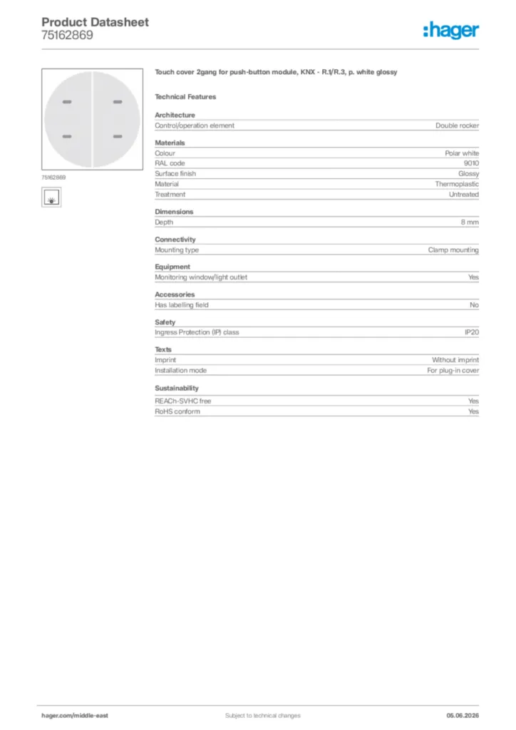 Image Hager Product data sheet 75162869  | Hager