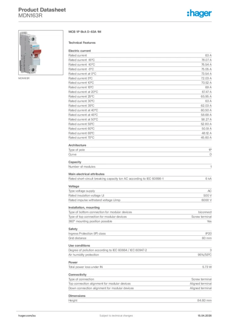 Image Hager Product data sheet MDN163R  | Hager Australia