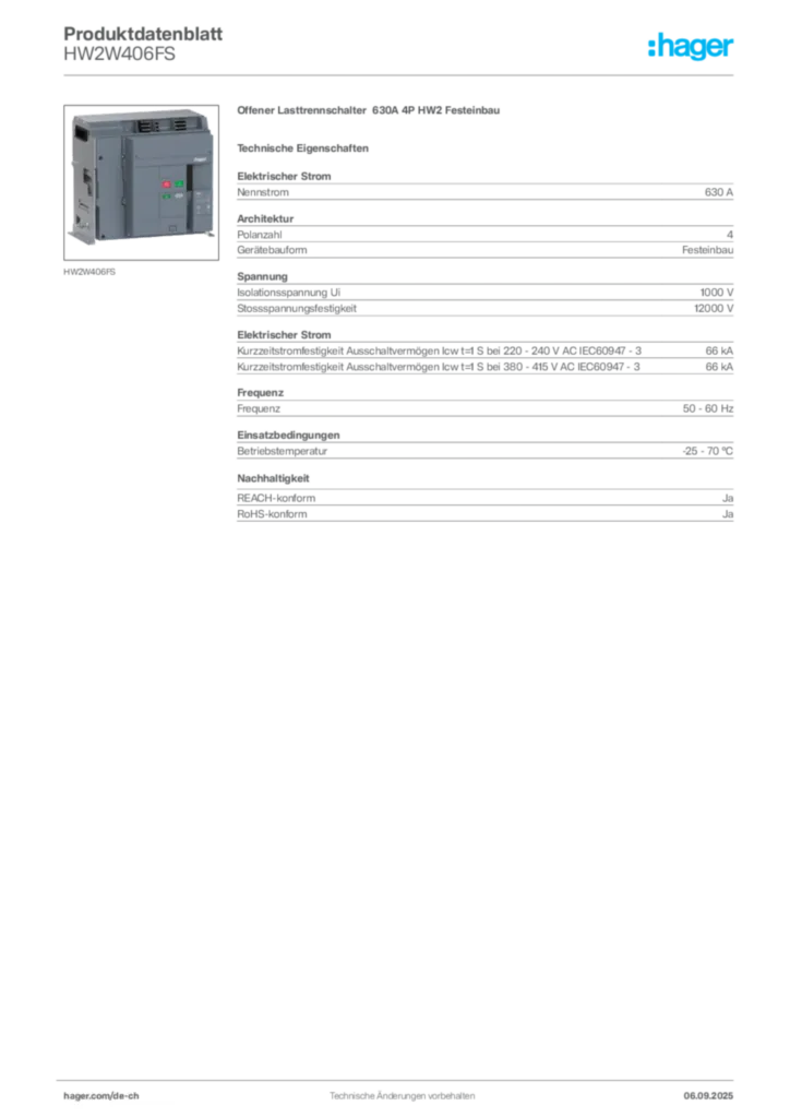 Bild Hager Produktdatenblatt HW2W406FS | Hager Schweiz