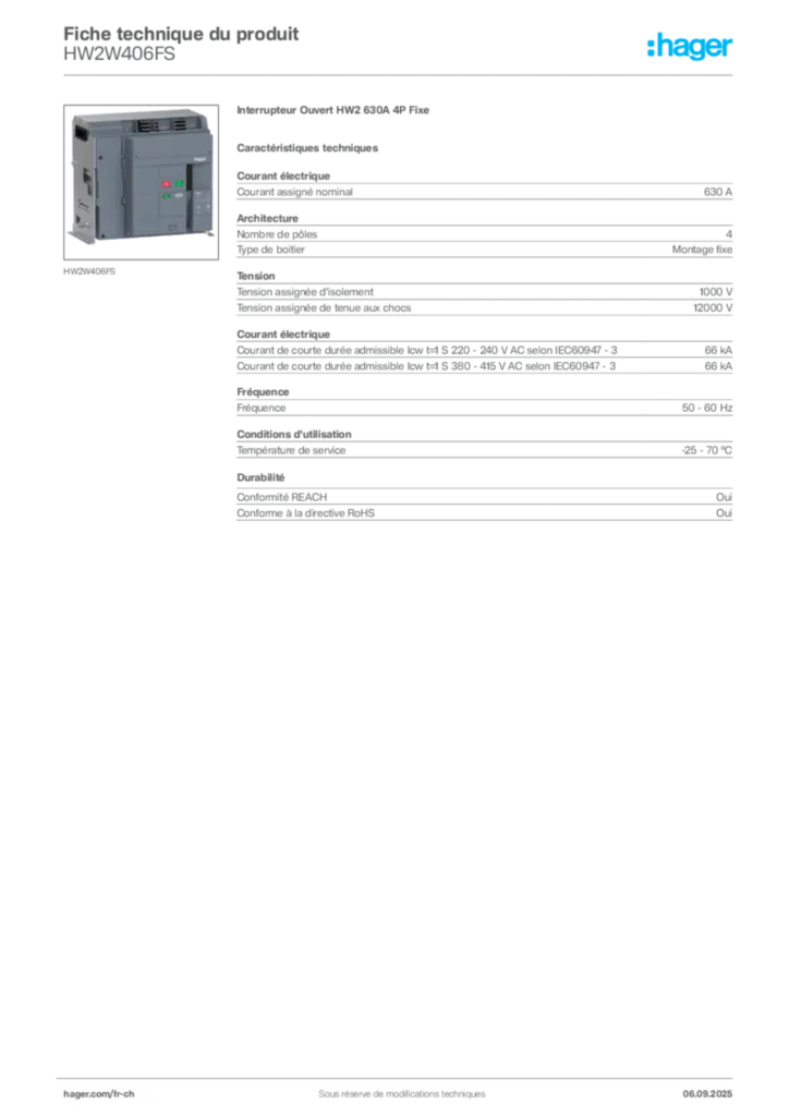 Image Hager Fiche technique du produit HW2W406FS | Hager Suisse