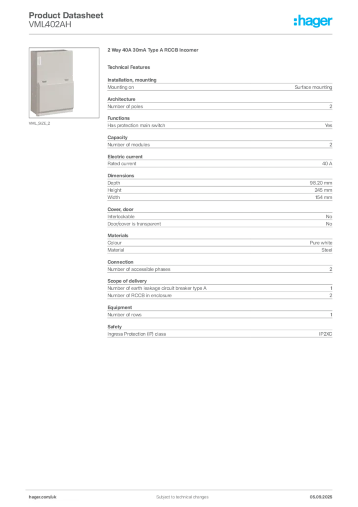 Image Hager Product data sheet VML402AH  | Hager