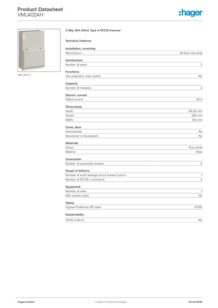 Image Hager Product data sheet VML402AH  | Hager