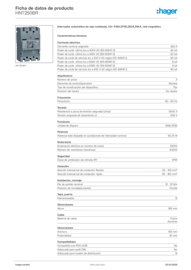 Imagen Hager Ficha de datos de producto HNT250BR | Hager España