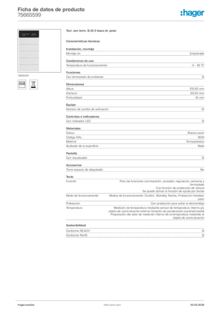 Imagen Hager Ficha de datos de producto 75665599 | Hager España