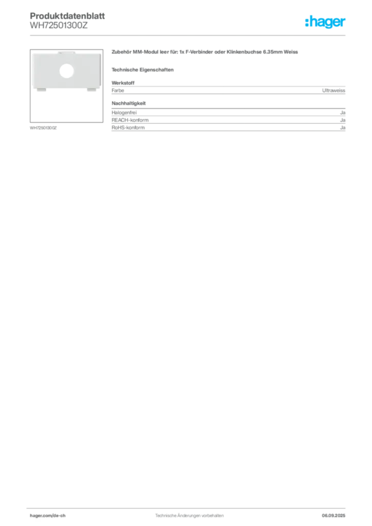 Bild Hager Produktdatenblatt WH72501300Z | Hager Schweiz