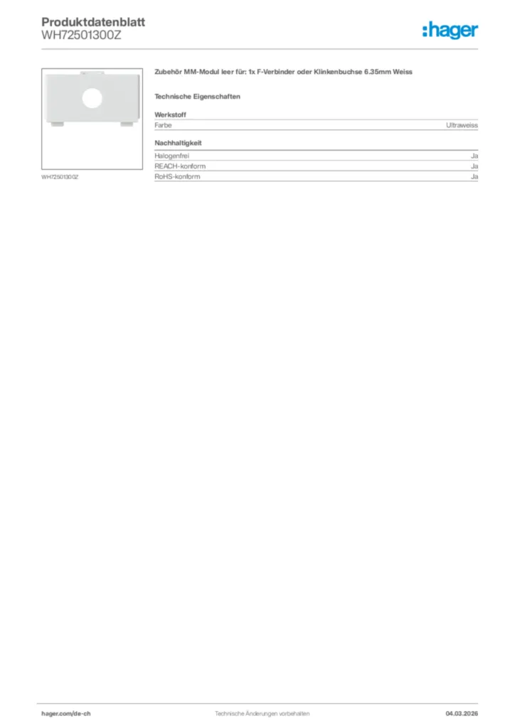 Bild Hager Produktdatenblatt WH72501300Z | Hager Schweiz