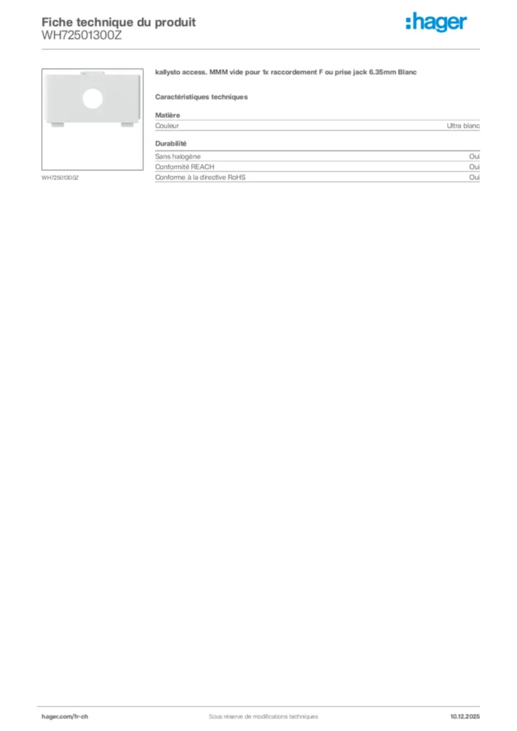 Image Hager Fiche technique du produit WH72501300Z | Hager Suisse