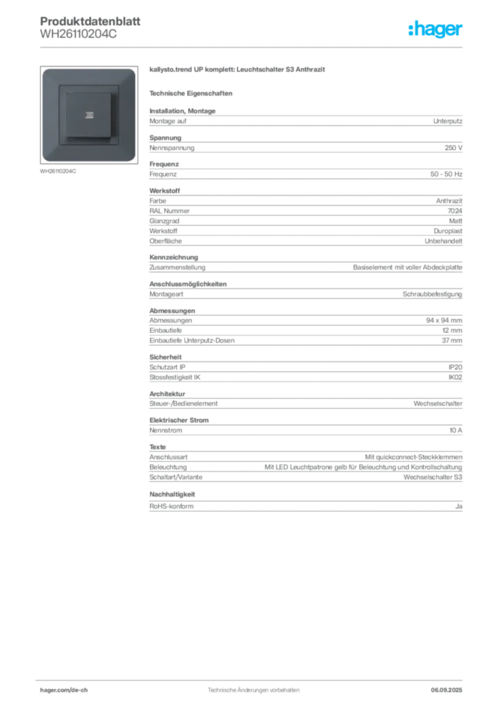 Bild Hager Produktdatenblatt WH26110204C | Hager Schweiz
