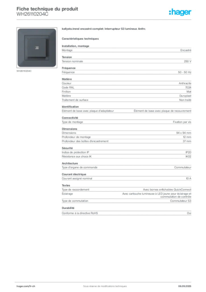 Image Hager Fiche technique du produit WH26110204C | Hager Suisse