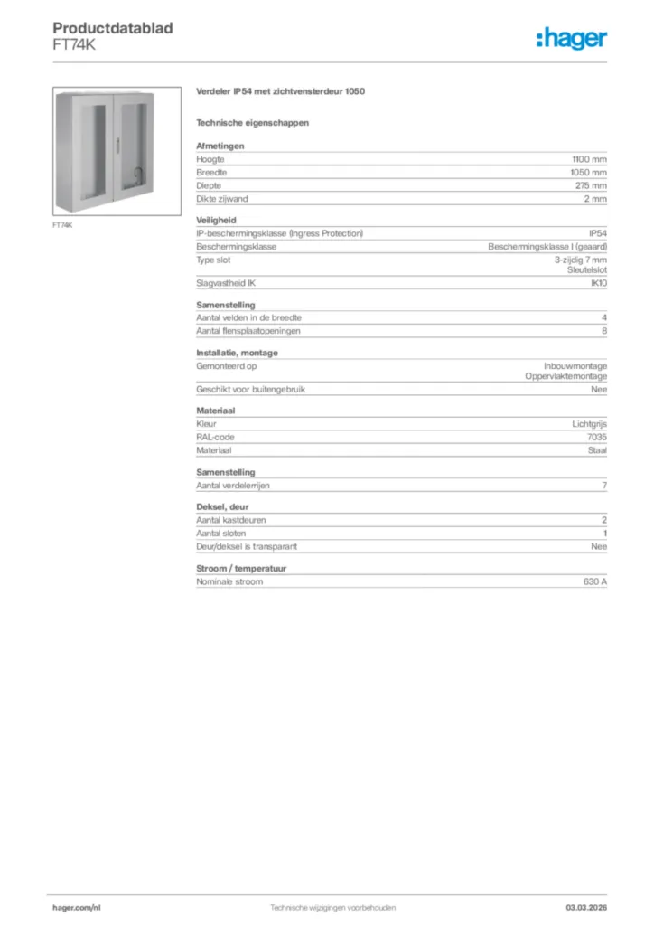 Afbeelding Hager Productdatablad FT74K | Hager Nederland